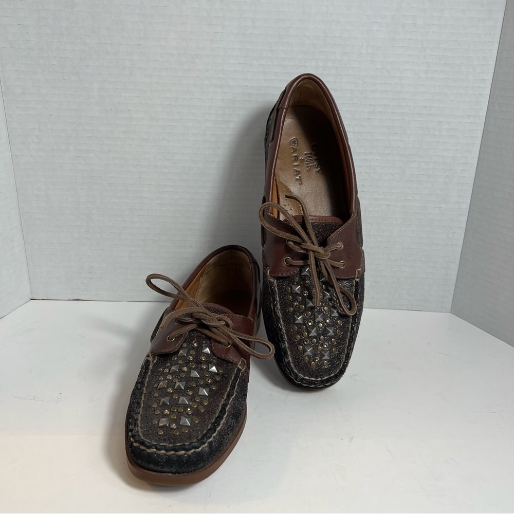 Gypsy Soule & Ariat 8.5 B Leather Loafers Brown Black Studded Western Boat Shoes